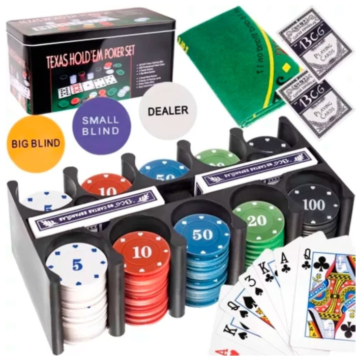 Set Poker Texas Holdem 200 jetoane, 2 pachete carti, covoras, cutie metal [2]