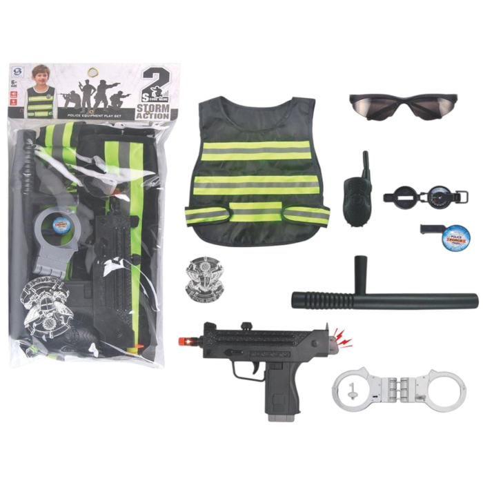 Set Politie Copii 9 Piese Vesta Arma Cu Sunete Lumini Catuse Baston 44x23 cm 6 Ani [2]
