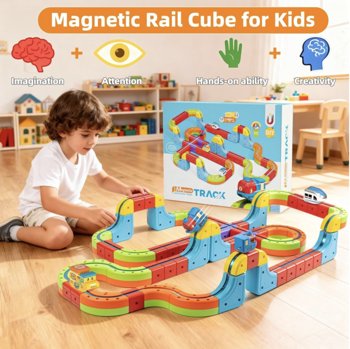 Set tren cu circuit magnetic 3D, traseu modular de construit, 98 piese, 3-8 ani [2]