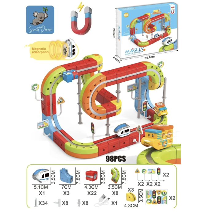 Set tren cu circuit magnetic 3D, traseu modular de construit, 98 piese, 3-8 ani [6]