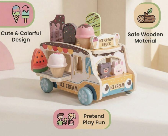 Stand mobil din lemn Ice Cream Shop cu inghetata stivuibila si accesorii, +3 ani [3]