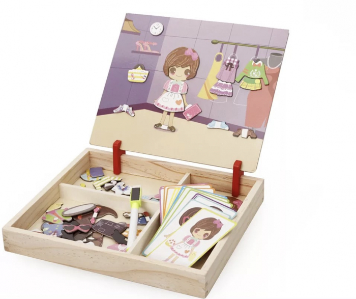 Tabla 3 in 1 cu puzzle magnetic fashion, imbraca fetele, din lemn