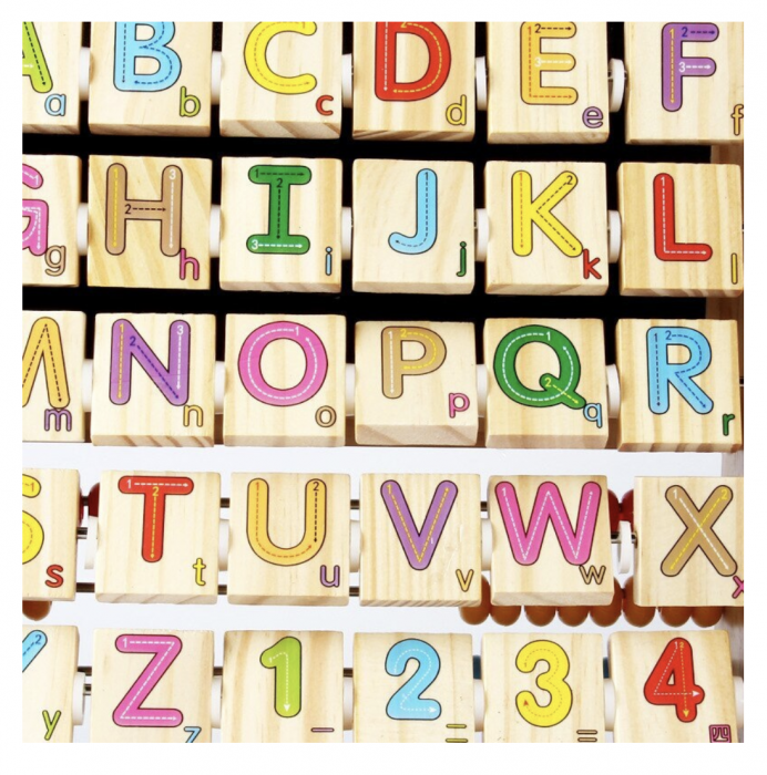 Tabla cu doua fete, cu numaratoare si piese alfabet, din lemn, [5]