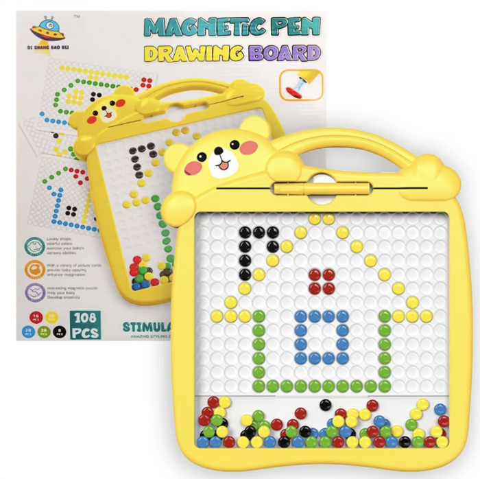 Tabla magnetica cu pix si 20 sabloane, 108 butoni colorati, Ursulet [5]