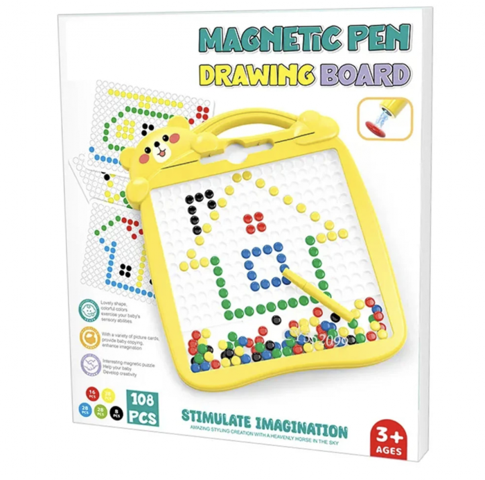 Tabla magnetica cu pix si 20 sabloane, 108 butoni colorati, Ursulet [4]