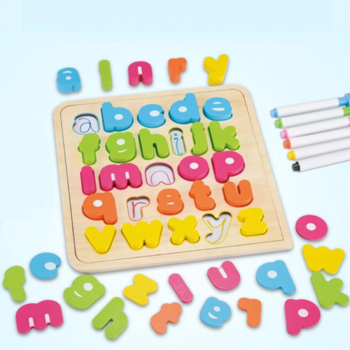 Tabla magnetica cu puzzle incastru cu litere mici si cartonase educative, 44 piese [3]