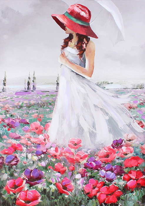 Tablou pm145, fata in campul cu flori, picteaza dupa numere, cu rama de lemn, 40x50 cm - krista