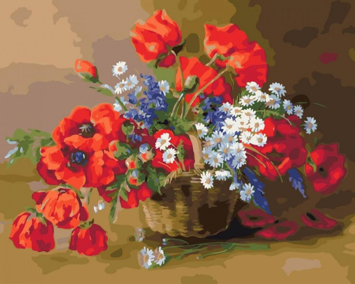 Tablou pm173, cos cu maci si margarete, picteaza dupa numere, cu rama de lemn, 40x50 cm - krista