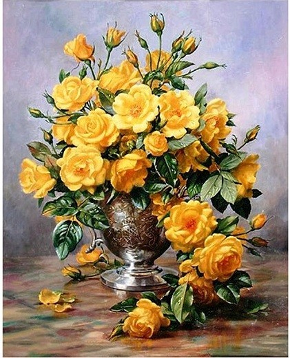 Tablou pm949, trandafiri galbeni, picteaza dupa numere, cu rama de lemn, 40x50 cm - krista
