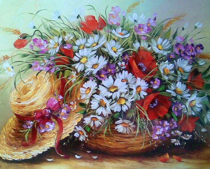 Tablou pm904, flori de camp si o palarie, picteaza dupa numere, cu rama de lemn, 40x50 cm - krista