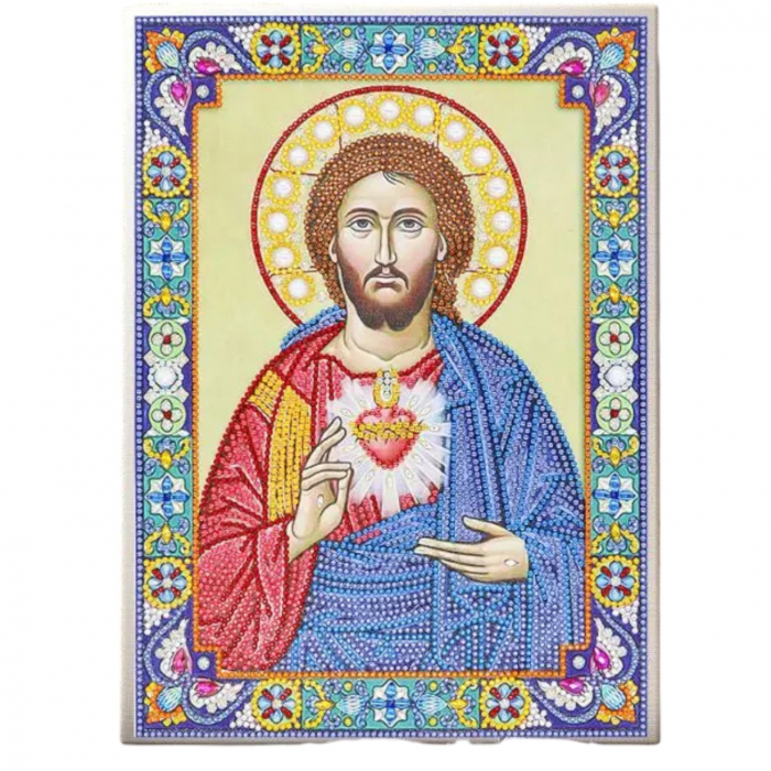 Tablou cu Diamante R8086 Inima lui Iisus, cu Umplere partiala, cu rama, 30x40 cm