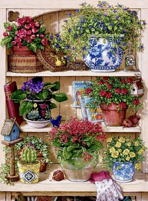 Tablou cu rama de lemn 011, flori in ghivece, pictura cu diamante, goblen cu pietre 5d, 40 x 50 cm