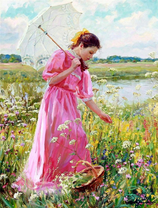 Tablou cu rama de lemn gm020, fata cu umbrela pe camp, pictura cu diamante, goblen cu pietre 5d, 40 x 50 cm