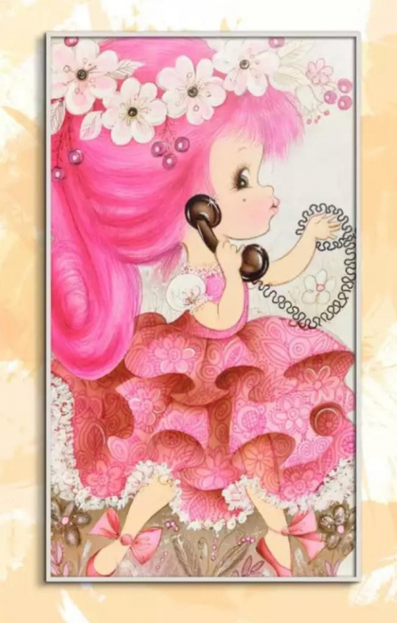 Tablou cu rama de lemn 201, fetita cu telefon, pictura cu diamante, goblen cu pietre 5d, 20 x 30 cm