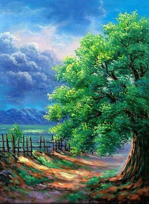 Tablou cu rama de lemn gm025, copacul verde - primavara, pictura cu diamante, goblen cu pietre 5d, 40 x 50 cm
