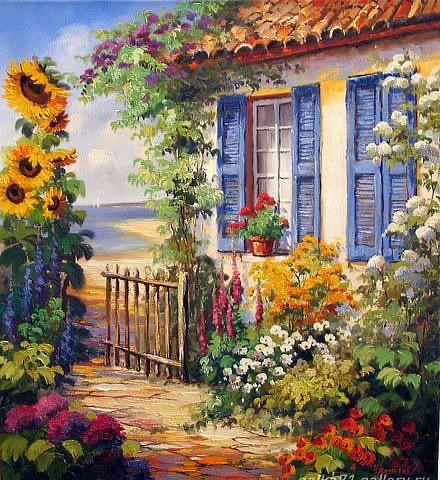 Tablou cu rama de lemn gm037, casuta la mediterana, in grecia, pictura cu diamante, goblen cu pietre 5d, 40 x 50 cm