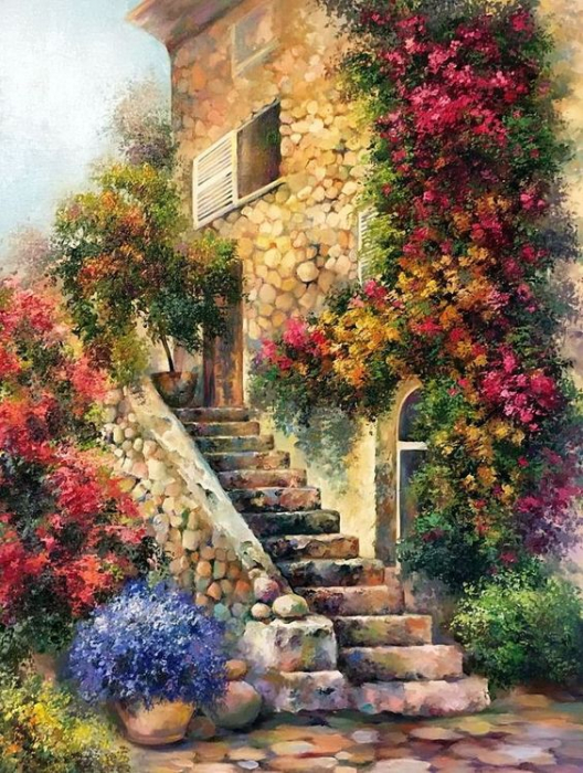 Tablou cu rama de lemn gm042, peisaj scara cu flori, pictura cu diamante, goblen cu pietre 5d, 40 x 50 cm