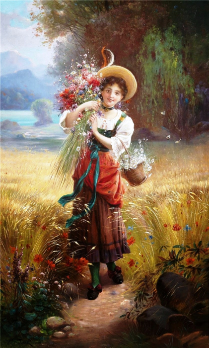 Tablou cu rama de lemn gm054, fata cu flori de camp, dupa hans zatzka, pictura cu diamante, goblen cu pietre 5d, 40 x 50 cm