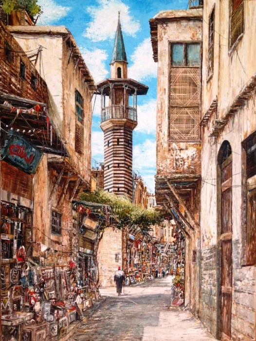 Tablou cu rama de lemn gm059, strada veche din damas, dupa ayman bitar, pictura cu diamante, goblen cu pietre 5d, 40 x 50 cm
