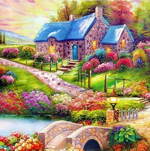Tablou cu rama de lemn GM040, Casuta cu pod de piatra, Pictura cu Diamante, Goblen cu pietre 5D, 40 x 50 cm [2]