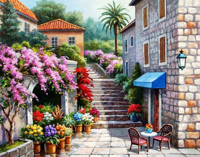 Tablou gm071, riviera franceza, cu rama de lemn, pictura cu diamante, goblen cu pietre 5d, 40 x 50 cm