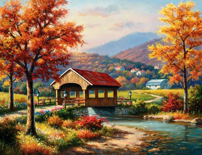 Tablou gm080, foisor toamna, cu rama de lemn, pictura cu diamante, goblen cu pietre 5d, 40 x 50 cm