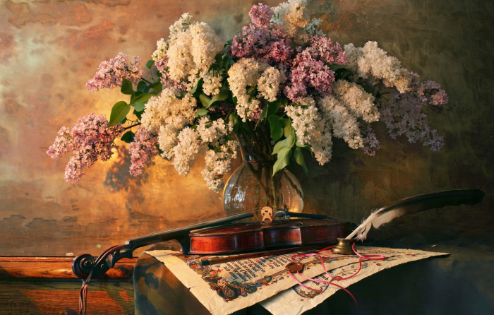 Tablou gm084, flori de liliac cu vioara, cu rama de lemn, pictura cu diamante, goblen cu pietre 5d, 40 x 50 cm