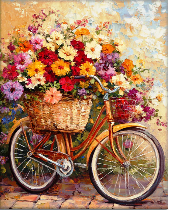 Tablou GM1011 Goblen Diamante Patrate, cu rama, 50 x 40 cm, Bicicleta cu cos de flori