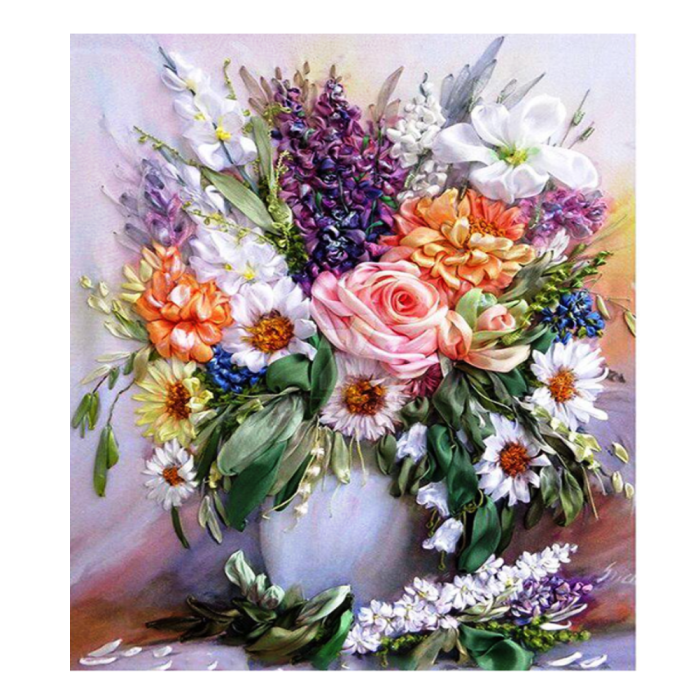 Tablou GM1030 Goblen Diamante Patrate, cu rama, 50 x 40 cm, Vaza cu Mix de Flori