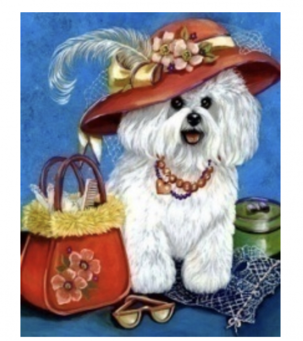 Tablou gm307, catel bichon cu palarie, cu rama de lemn, pictura cu diamante, goblen cu pietre 5d, 20 x 30 cm