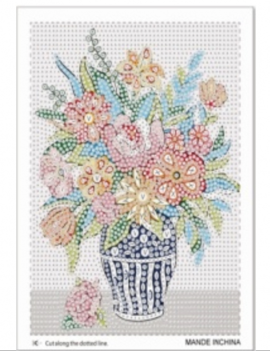 Tablou gm404, vaza cu flori, cu rama de lemn, pictura cu diamante, goblen cu pietre 5d, 20 x 20 cm
