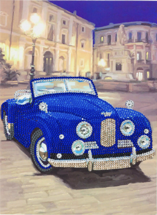Tablou GM428 Masina de epoca albastra, cu rama de lemn, Pictura cu Diamante, Goblen cu pietre 5D, 20 x 20 cm
