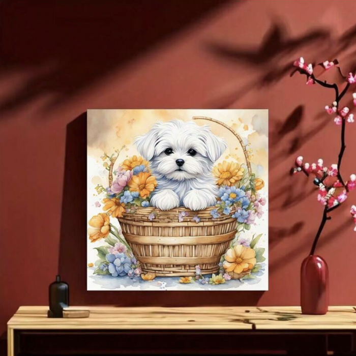 Tablou GM524m Goblen Diamante Patrate, cu rama, 20 x 30 cm, Catel alb si flori in cos de nuiele [2]