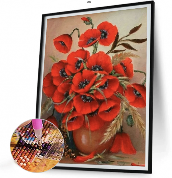 Tablou GM471 Goblen Diamante Patrate, cu rama, 20 x 30 cm, Vaza cu maci si grau [4]