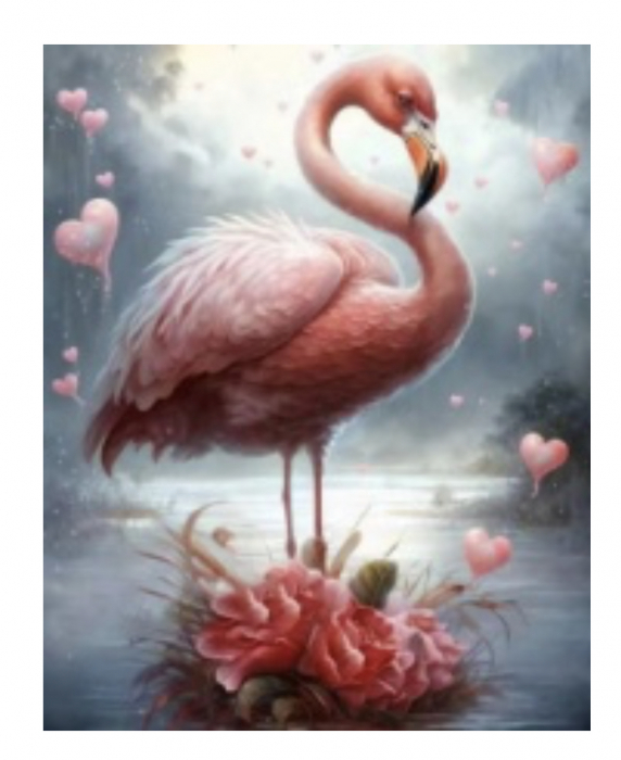 Tablou GM501 Flamingo cu Diamante, Goblen cu pietre 5D, cu rama de lemn, 20 x 30 cm