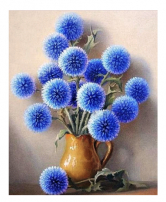 Tablou GM520, Vaza cu flori albastre de ciulin, Pictura cu Diamante, Goblen cu pietre 5D, cu rama de lemn, 40 x 50 cm