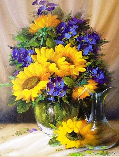 Tablou GM701 Vaza cu floarea soarelui, Pictura cu Diamante, Goblen cu pietre 5D, cu rama de lemn, 40 x 50 cm