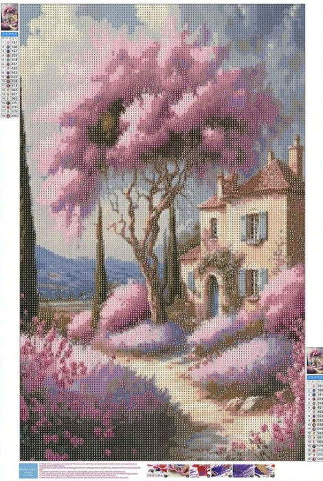 Tablou GM713 Goblen Diamante Patrate, cu rama, 50 x 40 cm, Casuta cu lavanda si copac roz [3]