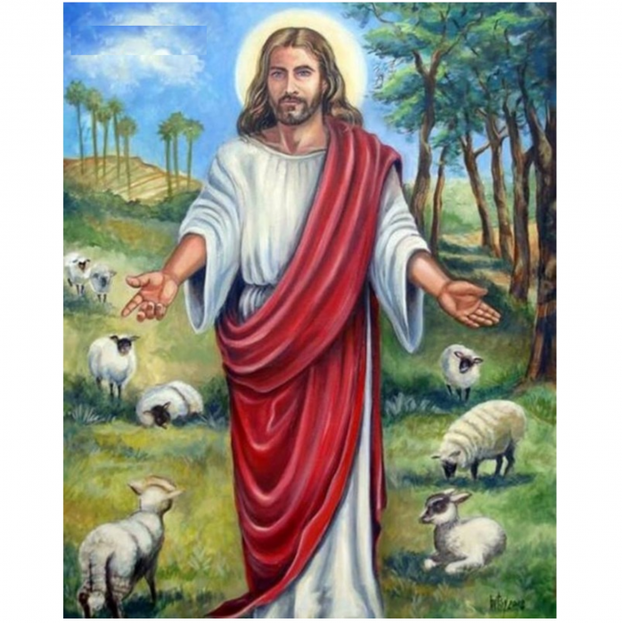 Tablou GM793 Goblen Diamante Patrate, cu rama, 50 x 40 cm, Iisus cu turma de oi [2]