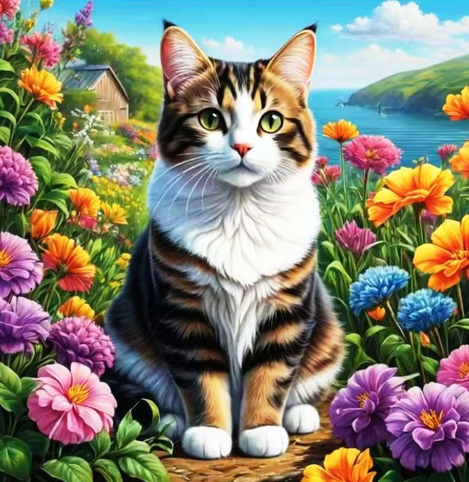 Tablou GM934 Goblen Diamante Patrate, cu rama, 50 x 40 cm, Pisica intre flori
