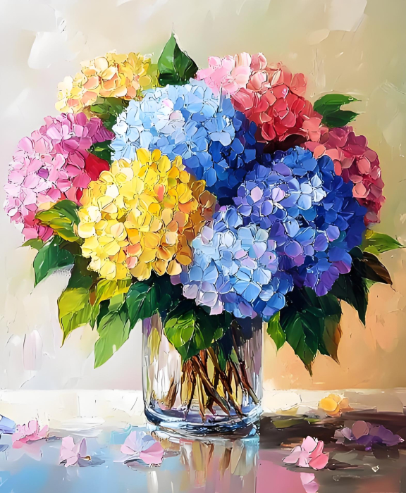 Tablou GM994 Goblen Diamante Patrate, cu rama, 20 x 30 cm, Vaza cu hortensii multicolore