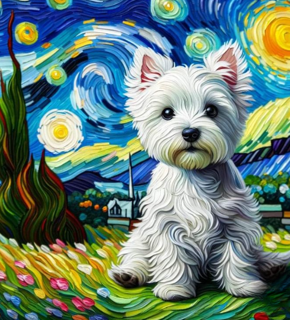 Tablou GM992 Goblen Diamante Patrate, cu rama, 20 x 30 cm, Catel Bichon alb