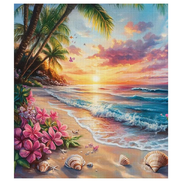 Tablou PM10025, Plaja exotica la apus de soare, Picteaza dupa numere, cu rama de lemn, 40x50 cm [3]