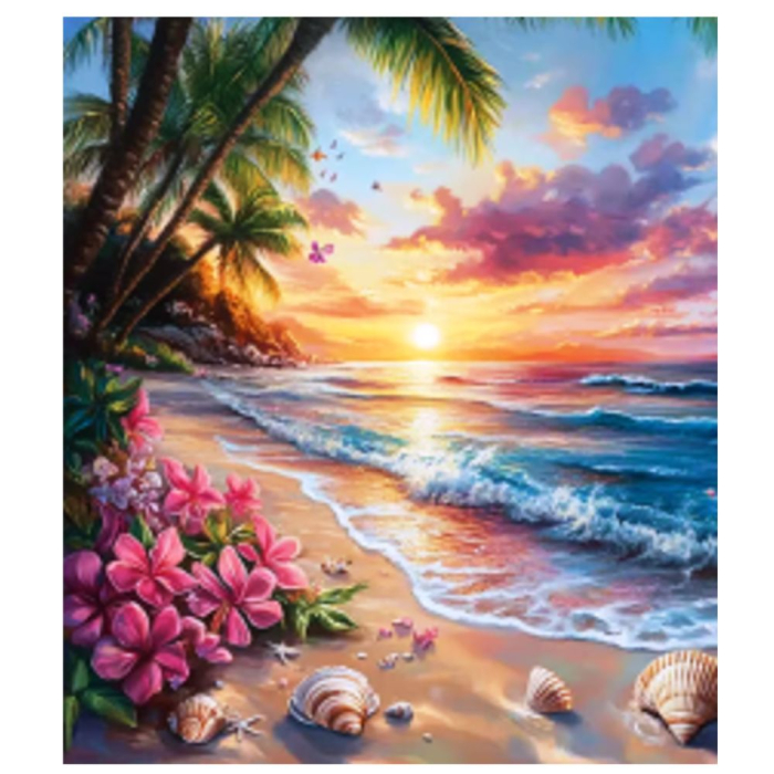 Tablou PM10025, Plaja exotica la apus de soare, Picteaza dupa numere, cu rama de lemn, 40x50 cm [2]