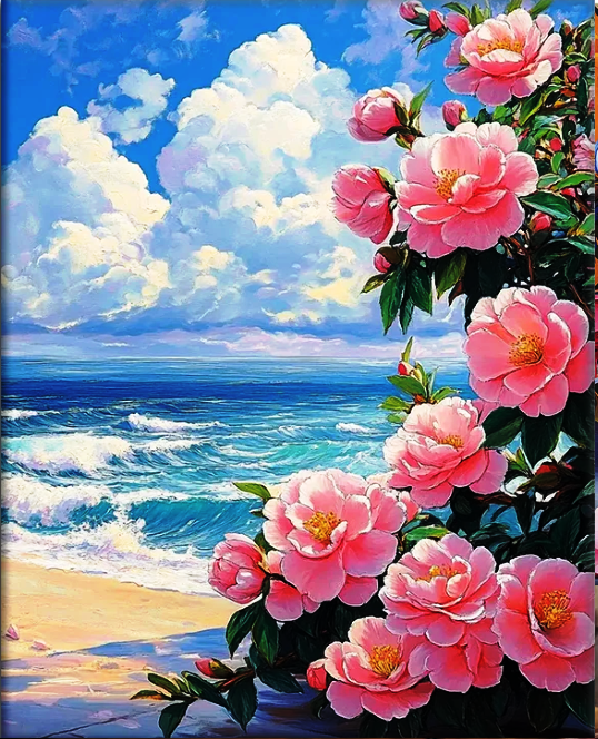 Tablou PM2003 Picteaza Dupa Numere, cu rama, 40x50 cm, Trandafiri salbatici pe malul marii