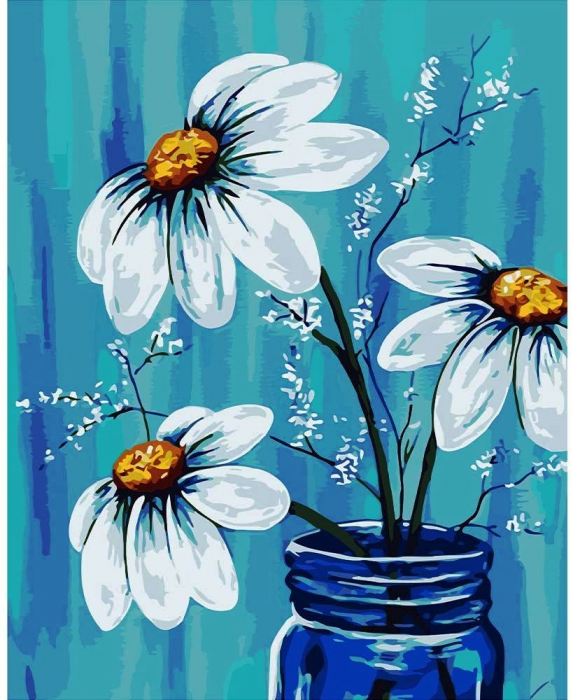 Tablou pm603 picteaza dupa numere, vaza cu margarete, 20 x 30 cm