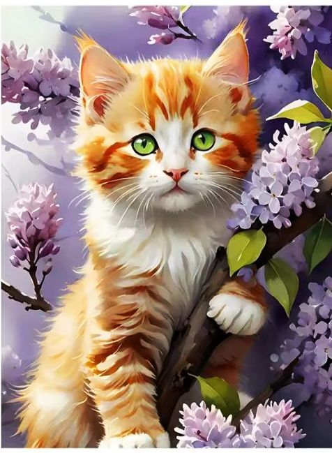 Tablou PM702 Picteaza Dupa Numere, cu rama, 20x30 cm, Pisicuta in flori de liliac