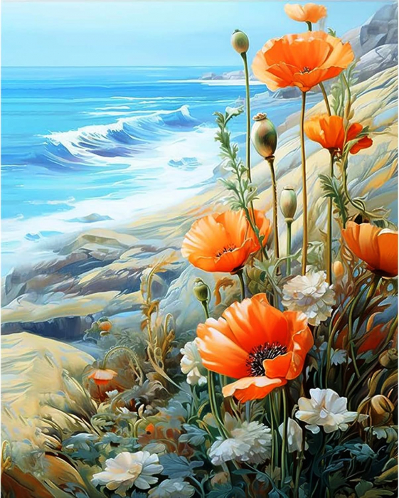 Tablou PM704 Picteaza Dupa Numere, cu rama, 20x30 cm, Maci la malul marii