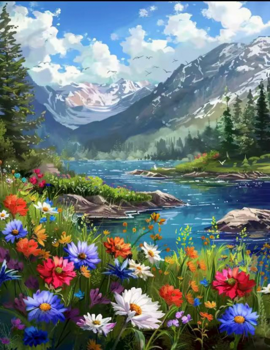 Tablou PM755 Picteaza Dupa Numere, cu rama, 40x50 cm, Flori langa Lac de munte