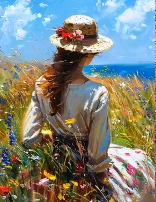 Tablou PM756 Picteaza Dupa Numere, cu rama, 40x50 cm, Femeie in lan de grau